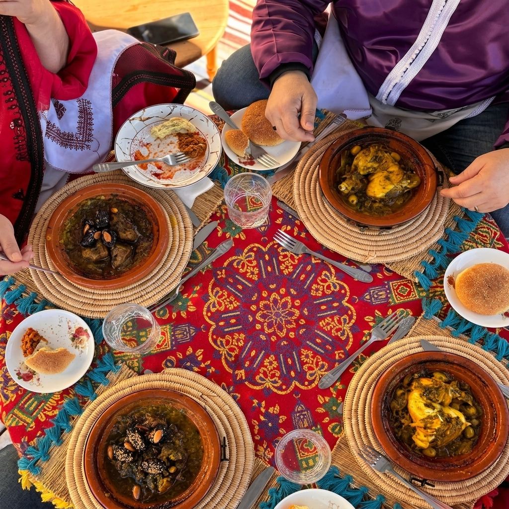 Moroccan food tasting in a riad courtyard